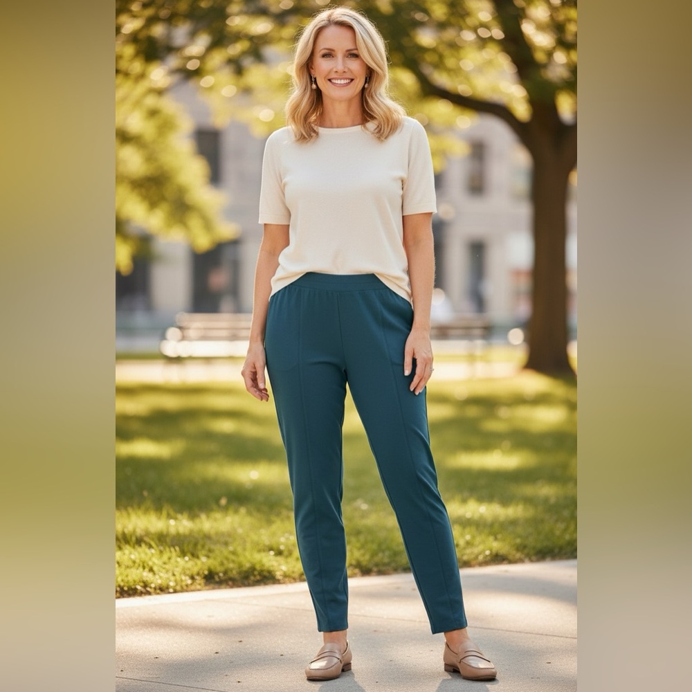 Eileen Fisher Dark Teal Pull On Slim Ankle Pants Size L Minimalist